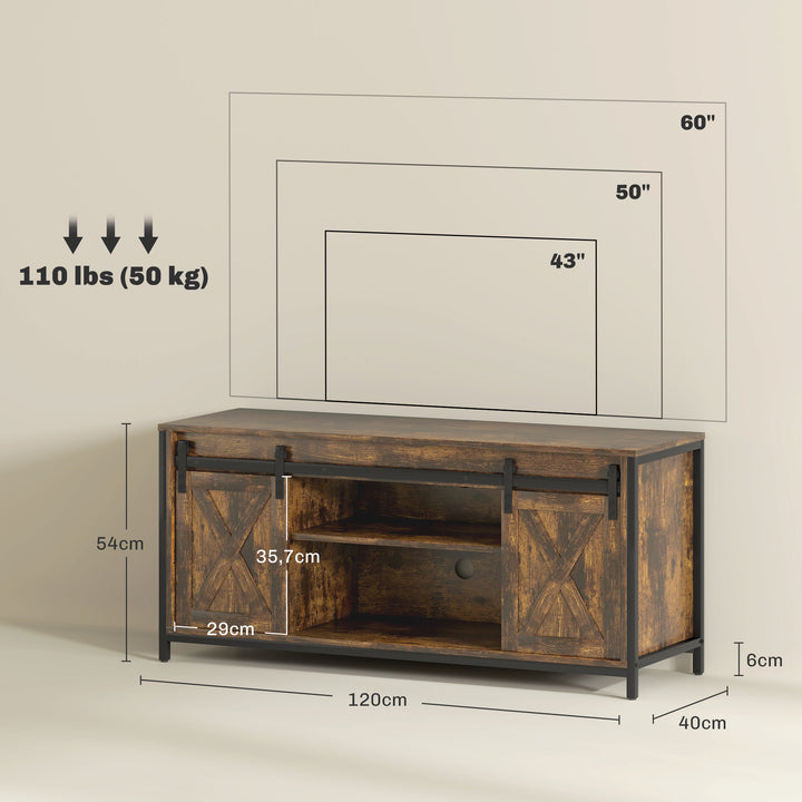 TV-lavbord, industrielt design, til 60" TV, 6 rum, 2 skydelåger, brun/sort