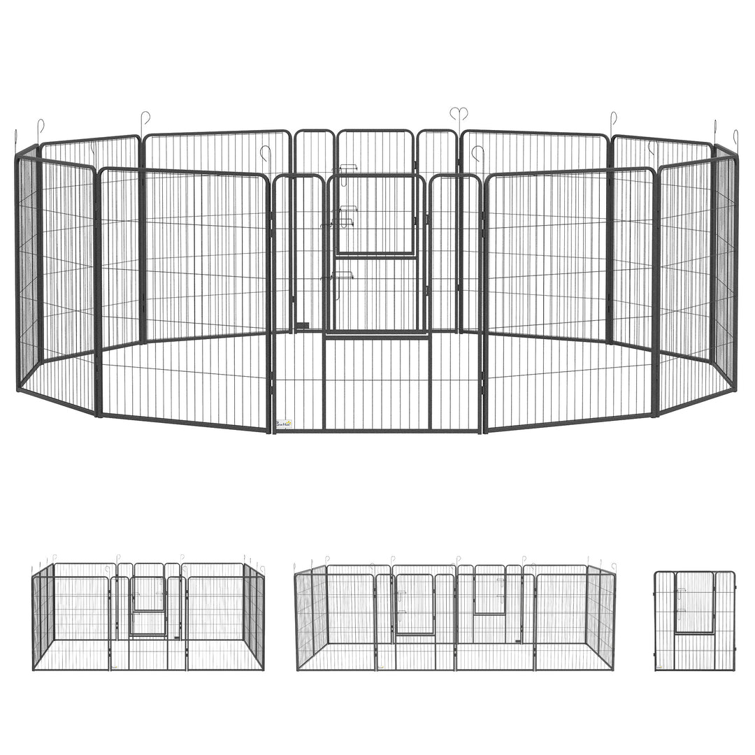 Hvalpegård, sæt med 12 dele, foldbar hvalpegård med 2 døre, 12 stålnetpaneler, hver 80x100 cm, grå