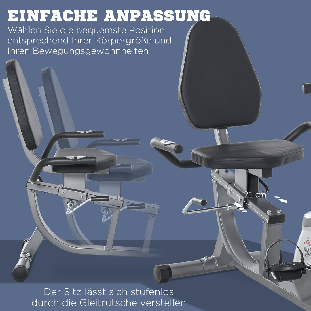 Liggende motionscykel med LCD-display, 8-trins justerbar magnetisk modstand, liggende motionscykel, hjemmetræner med pulsmålere, justerbar ryglæn, liggende motionscykel til seniorer op til 110 kg