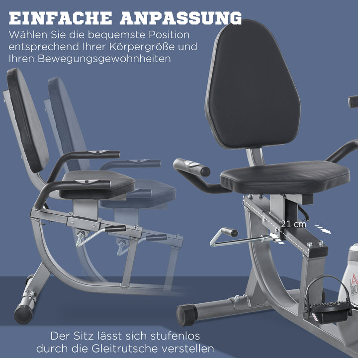 Liggende motionscykel med LCD-display, 8-trins justerbar magnetisk modstand, liggende motionscykel, hjemmetræner med pulsmålere, justerbar ryglæn, liggende motionscykel til seniorer op til 110 kg
