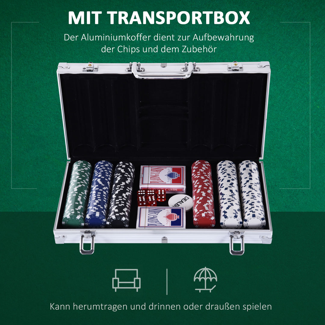 Pokerkasse låsbart pokersæt med etui 300 chips 5 terninger 2 kortspil tilbehør, pokerchips komplet sæt pokerspil kortspil aluminium etui til texas hold'em, blackjack