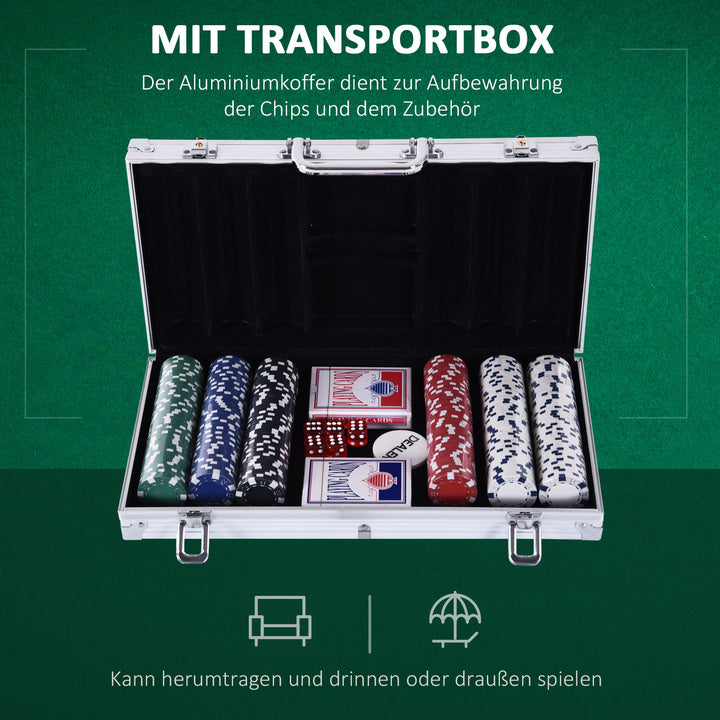 Pokerkasse låsbart pokersæt med etui 300 chips 5 terninger 2 kortspil tilbehør, pokerchips komplet sæt pokerspil kortspil aluminium etui til texas hold'em, blackjack