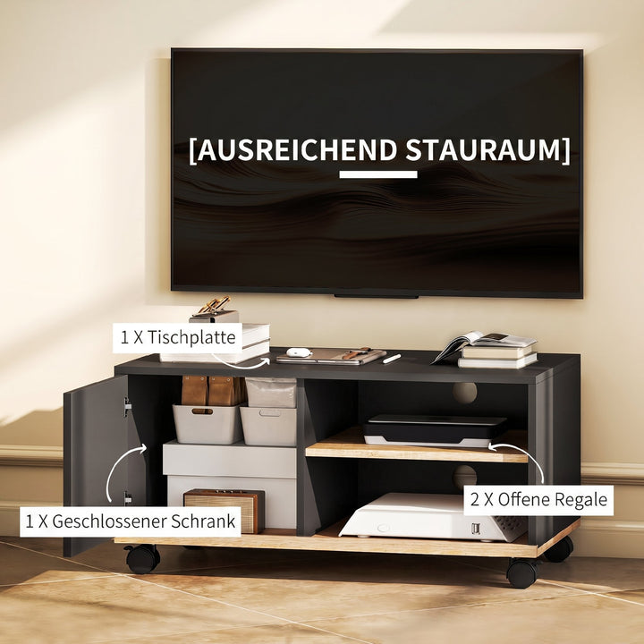 TV-bord på hjul med bremser, TV-møbel med skab og justerbar hylde, sort og eg