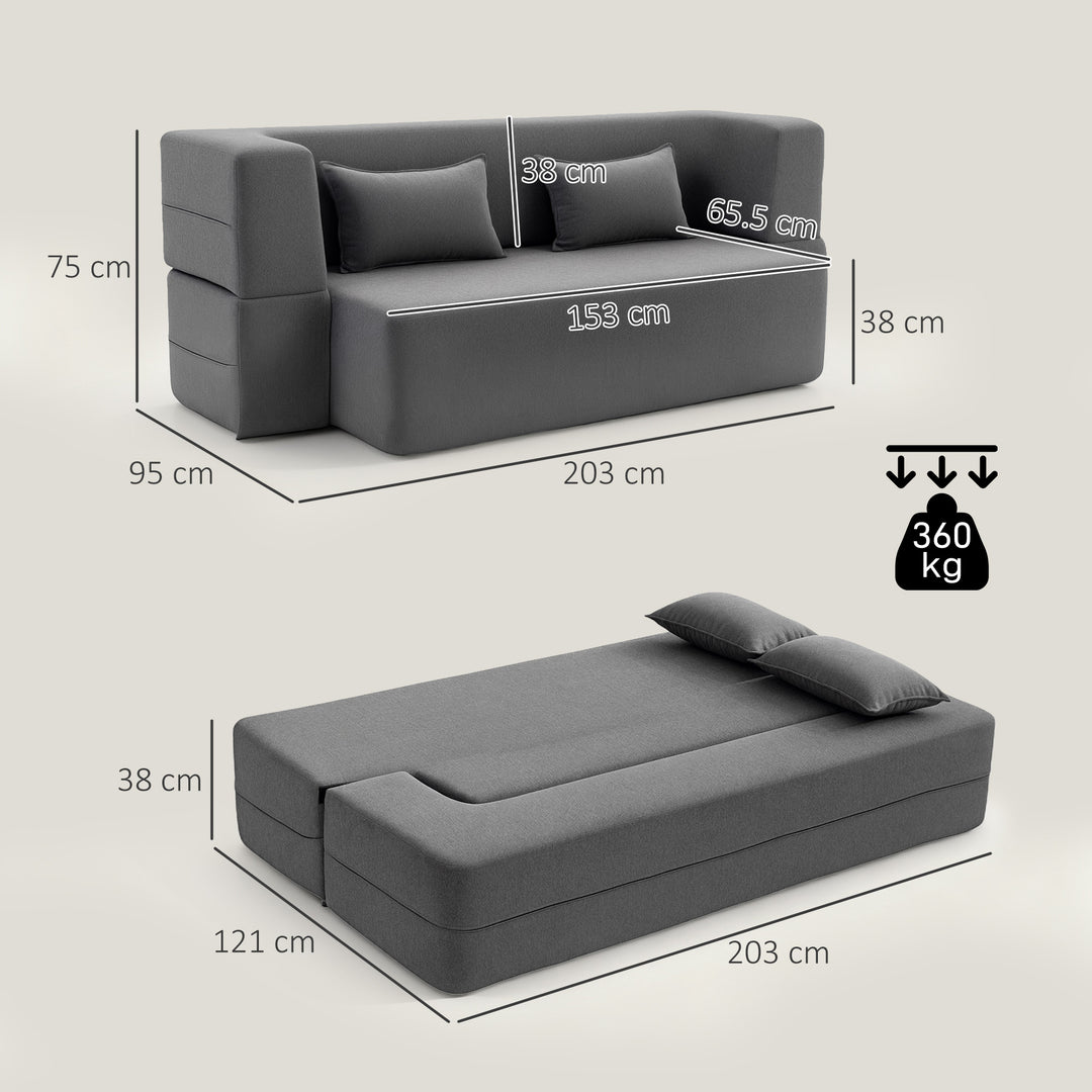 2-personers skumsovesofa, sovesofa med brede armlæn, 2 hynder, 360 kg lasteevne, grå