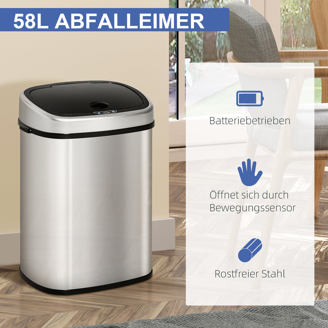 Skraldespand med sensor 58l automatisk affaldsbeholder med bevægelsessensor, vandtæt affaldsbeholder i rustfrit stål til køkken, kontor, soveværelse, sølv