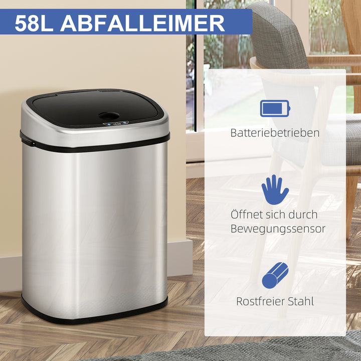 Skraldespand med sensor 58l automatisk affaldsbeholder med bevægelsessensor, vandtæt affaldsbeholder i rustfrit stål til køkken, kontor, soveværelse, sølv