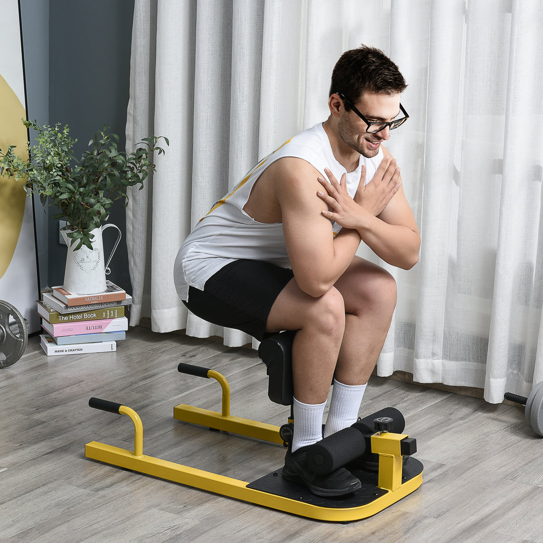 Sissy squat squat trainer bentræner mavetræner baldetræner 3 i 1 træner justerbar op til 120 kg stål gul+sort 50 x 97 x (44,5–56,5) cm