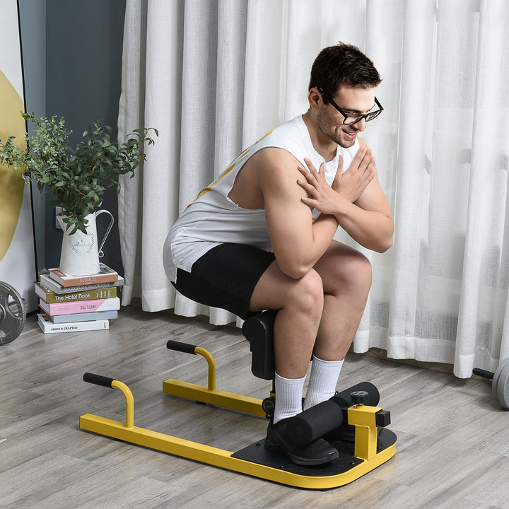 Sissy squat squat trainer bentræner mavetræner baldetræner 3 i 1 træner justerbar op til 120 kg stål gul+sort 50 x 97 x (44,5–56,5) cm