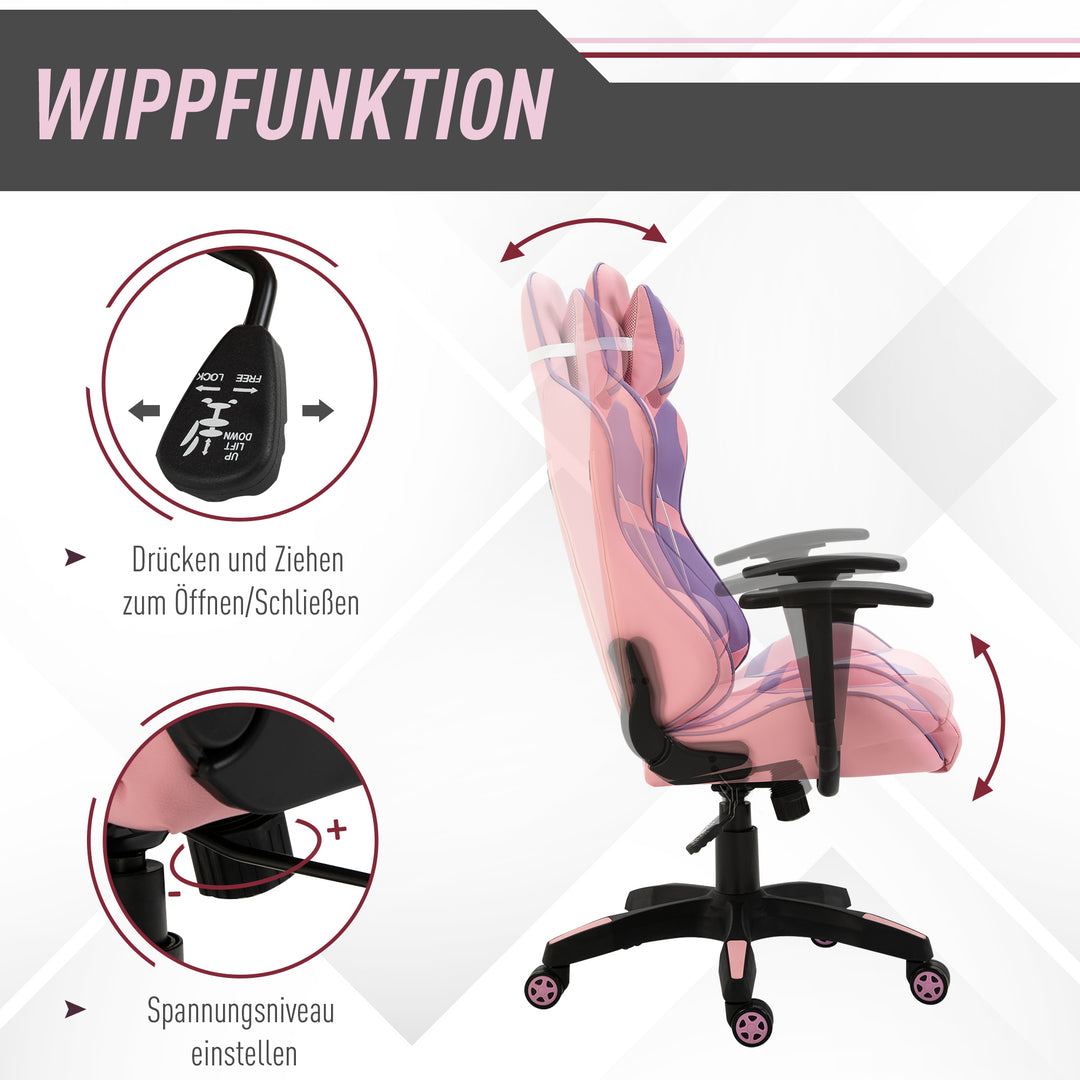 Ergonomisk gamingstol kontorstol drejestol justerbar massage lændepude højdejusterbar pink og lilla 69 x 56 x 125,5 cm