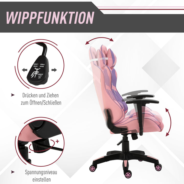 Ergonomisk gamingstol kontorstol drejestol justerbar massage lændepude højdejusterbar pink og lilla 69 x 56 x 125,5 cm