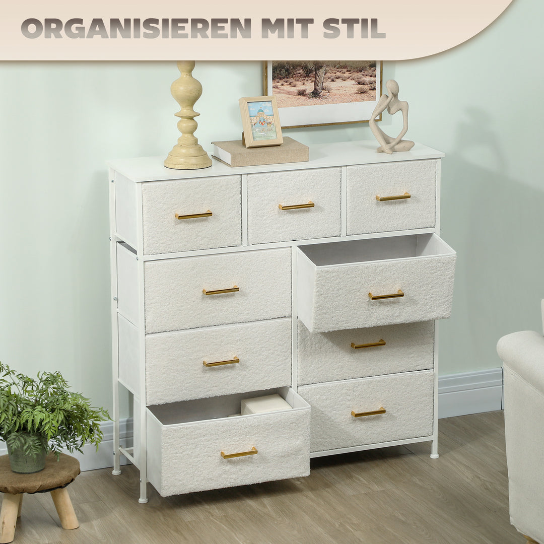 Stofkommode, 9 skuffer, stålstel, elegant, alsidig, hvid