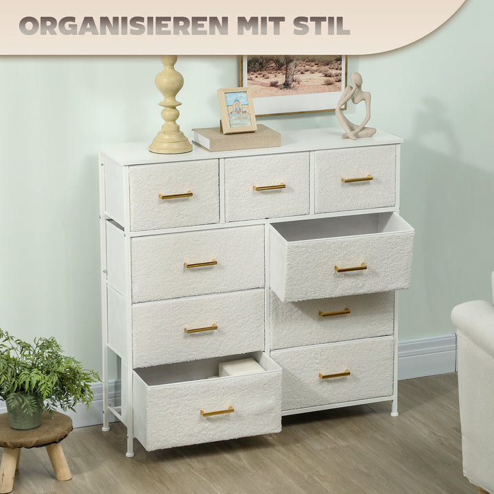 Stofkommode, 9 skuffer, stålstel, elegant, alsidig, hvid