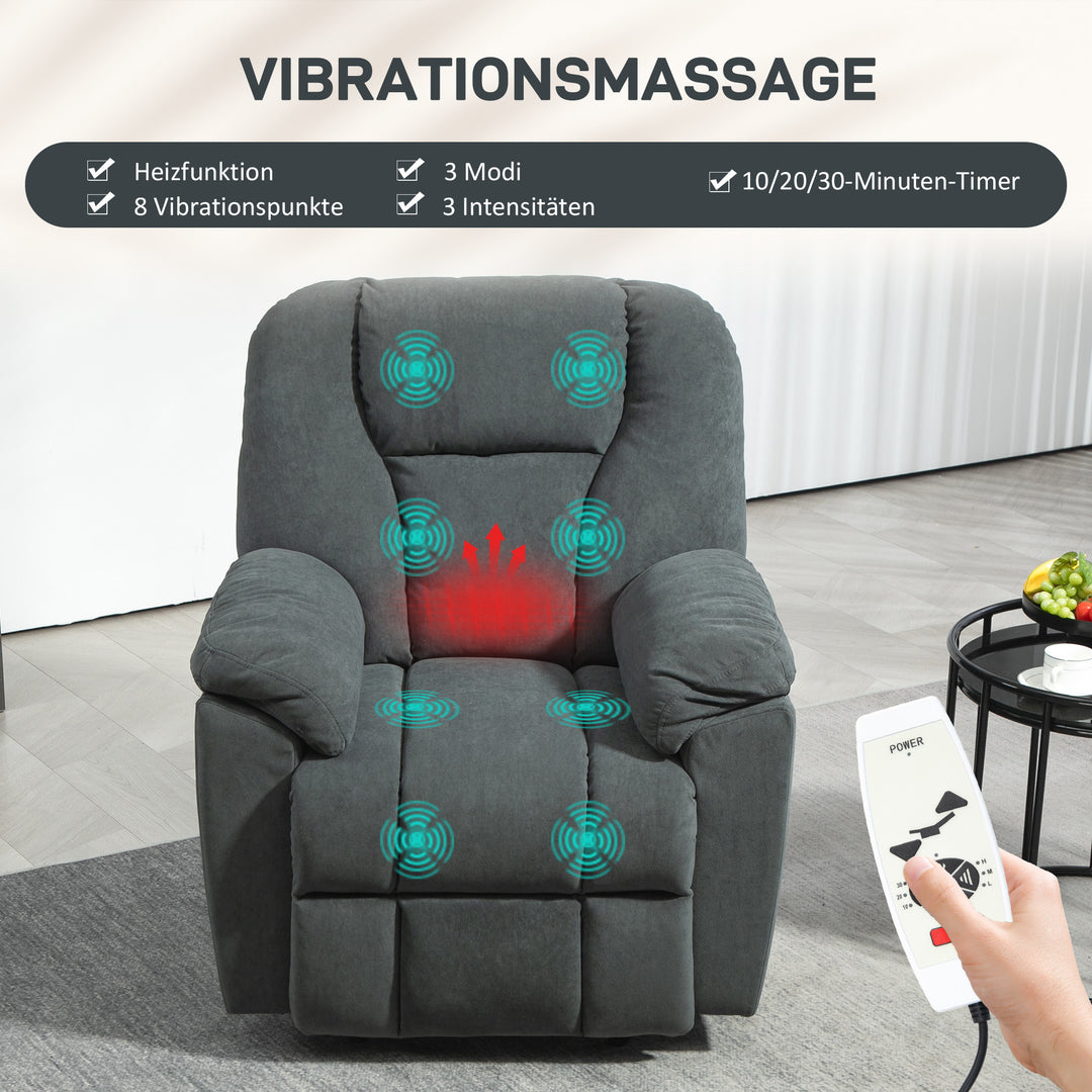 Elektrisk lænestol med massage- og varmefunktioner, polstret lænestol med USB-port, sidelommer, grå