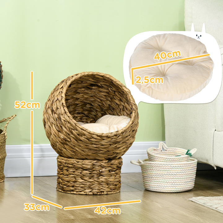 Rattan kattekurv kattehule kattehus katteseng med pude kæledyrsseng vandhyacint brun 42 x 33 x 52 cm