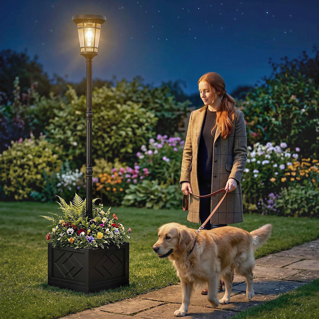 Solcelledrevet gulvlampe med blomsterpotte 195 cm udendørs havelanterne med 2 lysstyrkeniveauer lysstyringsafbryder IP44