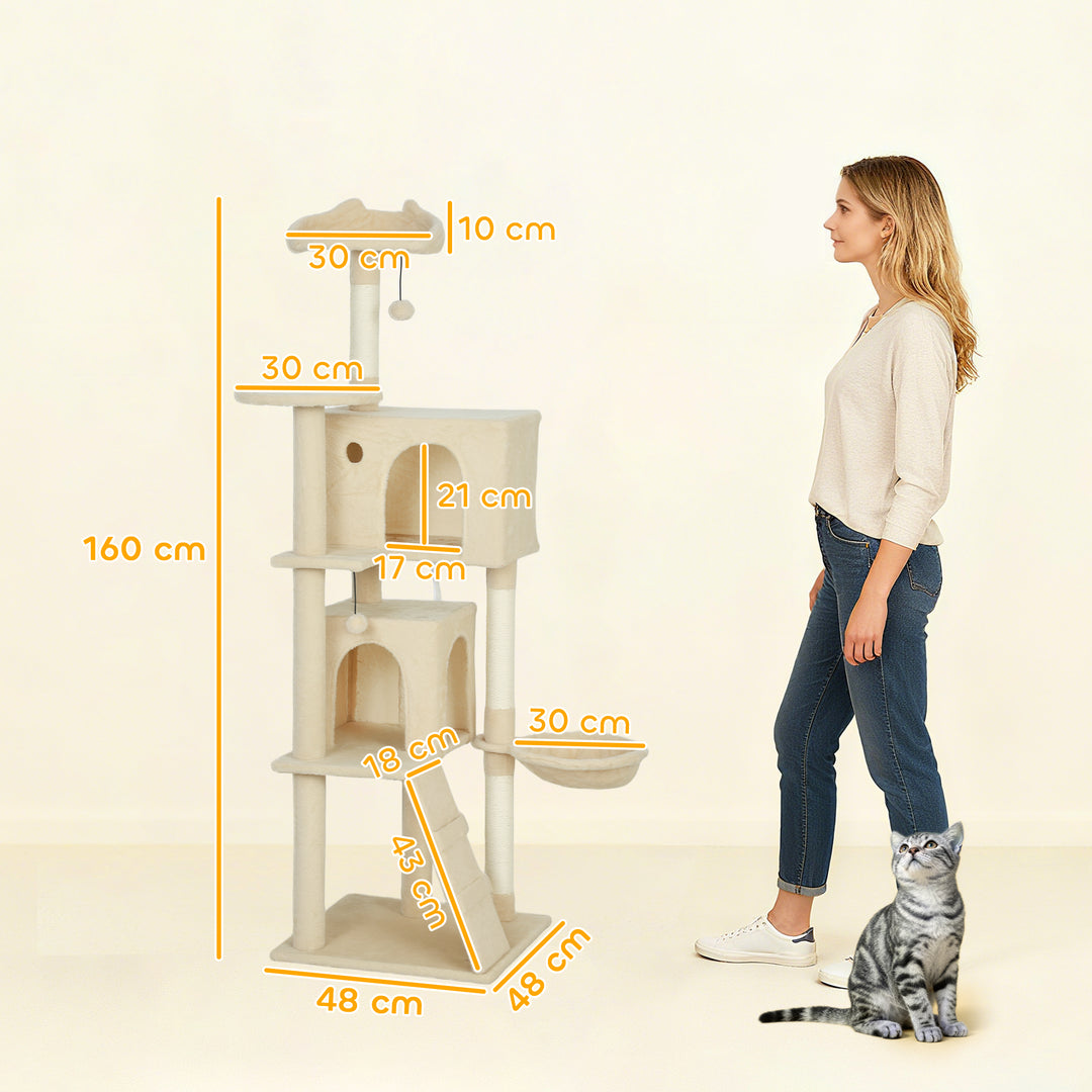 Kradsetræ 160 cm kattetårn med hængekøje, stige, hule, 2 plysbolde, sisalstolper, 48 x 48 x 160 cm, beige