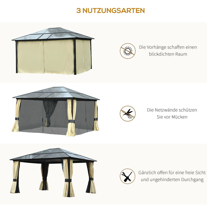 Havepavillon med hårdt tag 4,2 x 3,6 m, gardiner med fluenet, aluminiumsramme, brun+creme