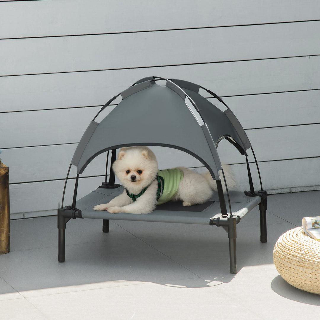 Forhøjet hundeseng med baldakin, kæledyrsseng, udendørs hundeseng med tag, åndbar, taftstof til camping, grå, 61 x 46 x 62 cm