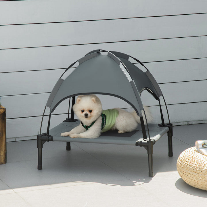 Forhøjet hundeseng med baldakin, kæledyrsseng, udendørs hundeseng med tag, åndbar, taftstof til camping, grå, 61 x 46 x 62 cm