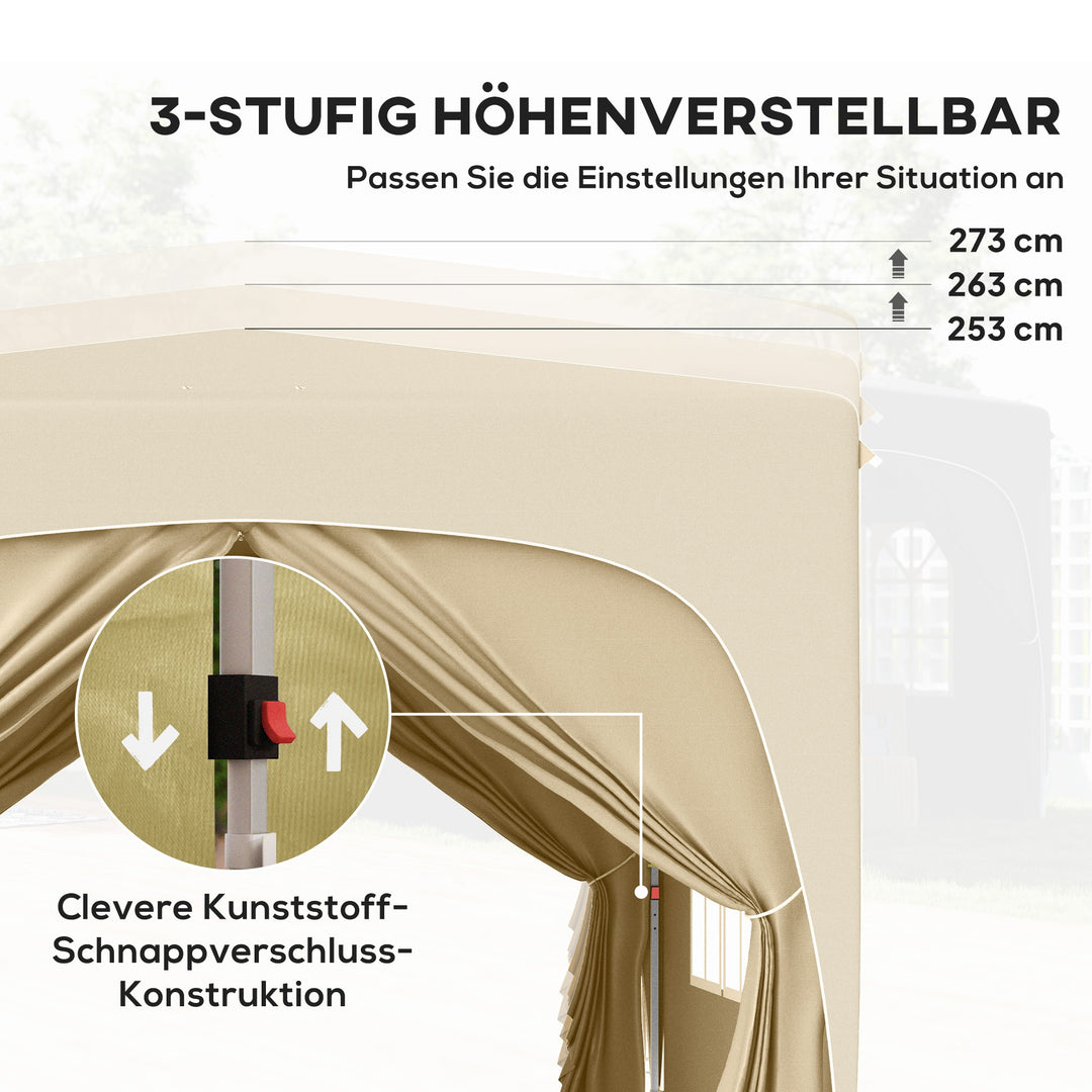 3 x 3 m pavillon, pop-up havetelt med sidevægge og bæretaske, UPF50+, højdejusterbar, sand