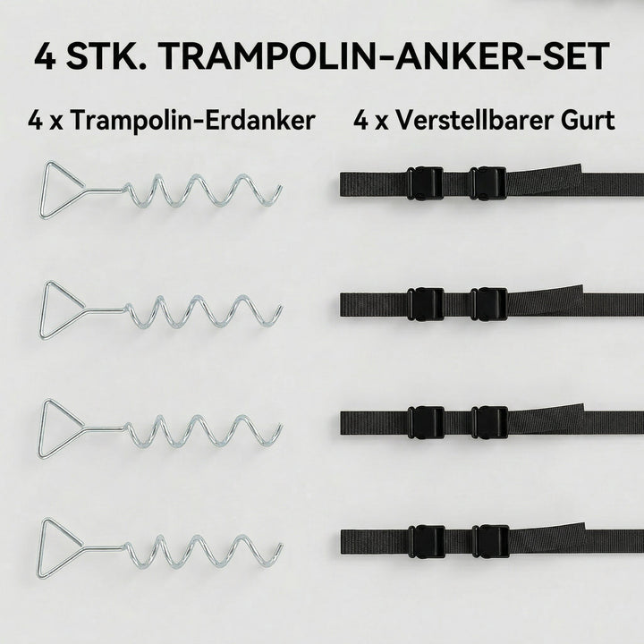 Jordankerskruesæt med 4 stk., 32 cm spiralformede trampolinpæle, ankre med trekantet håndtag, justerbare stropper, sølv