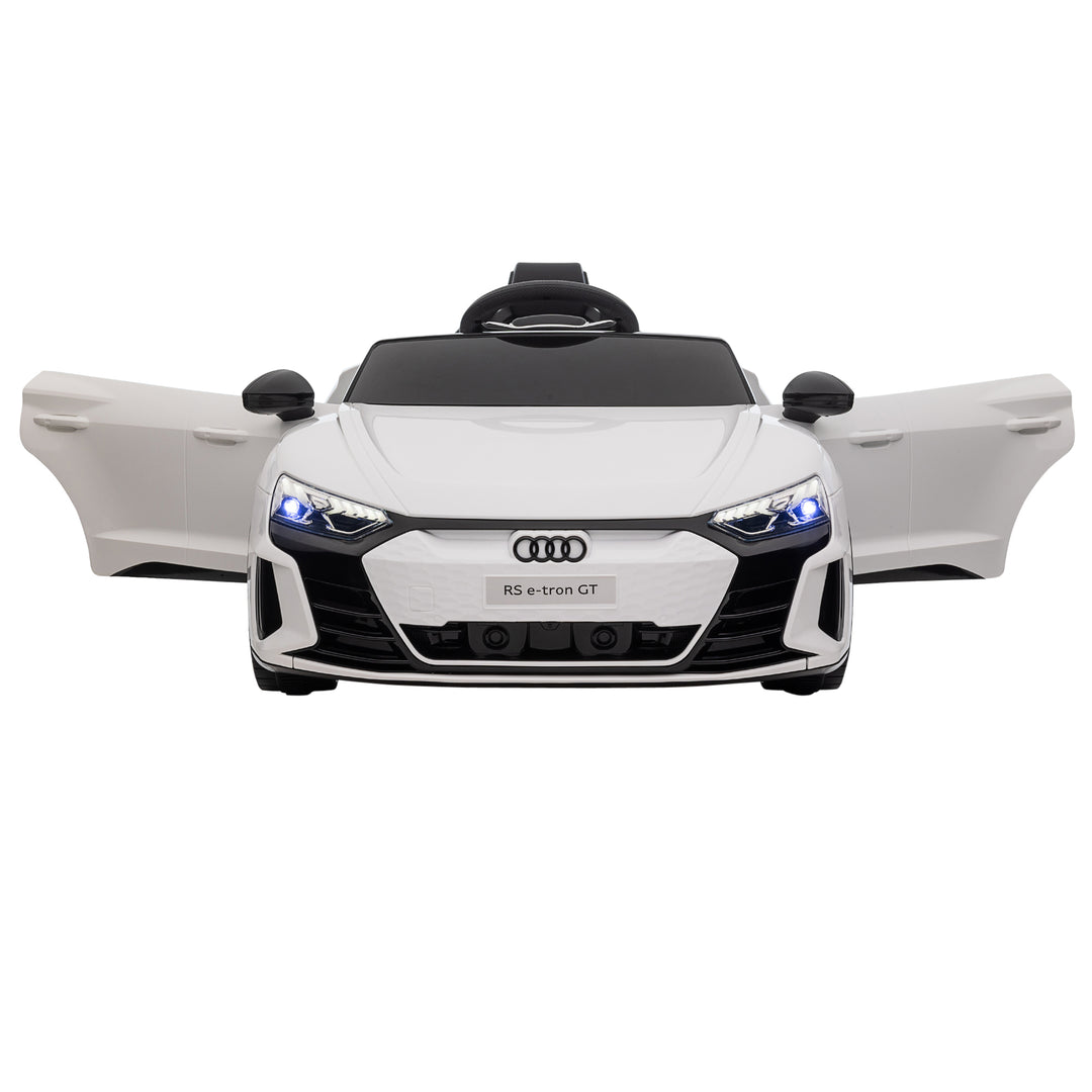 Audi RS e-tron GT elbil til børn med sikkerhedssele, fjernbetjening, forlygter, musikfunktion, hvid, 103 x 58 x 41 cm