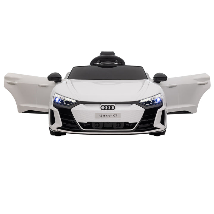 Audi RS e-tron GT elbil til børn med sikkerhedssele, fjernbetjening, forlygter, musikfunktion, hvid, 103 x 58 x 41 cm