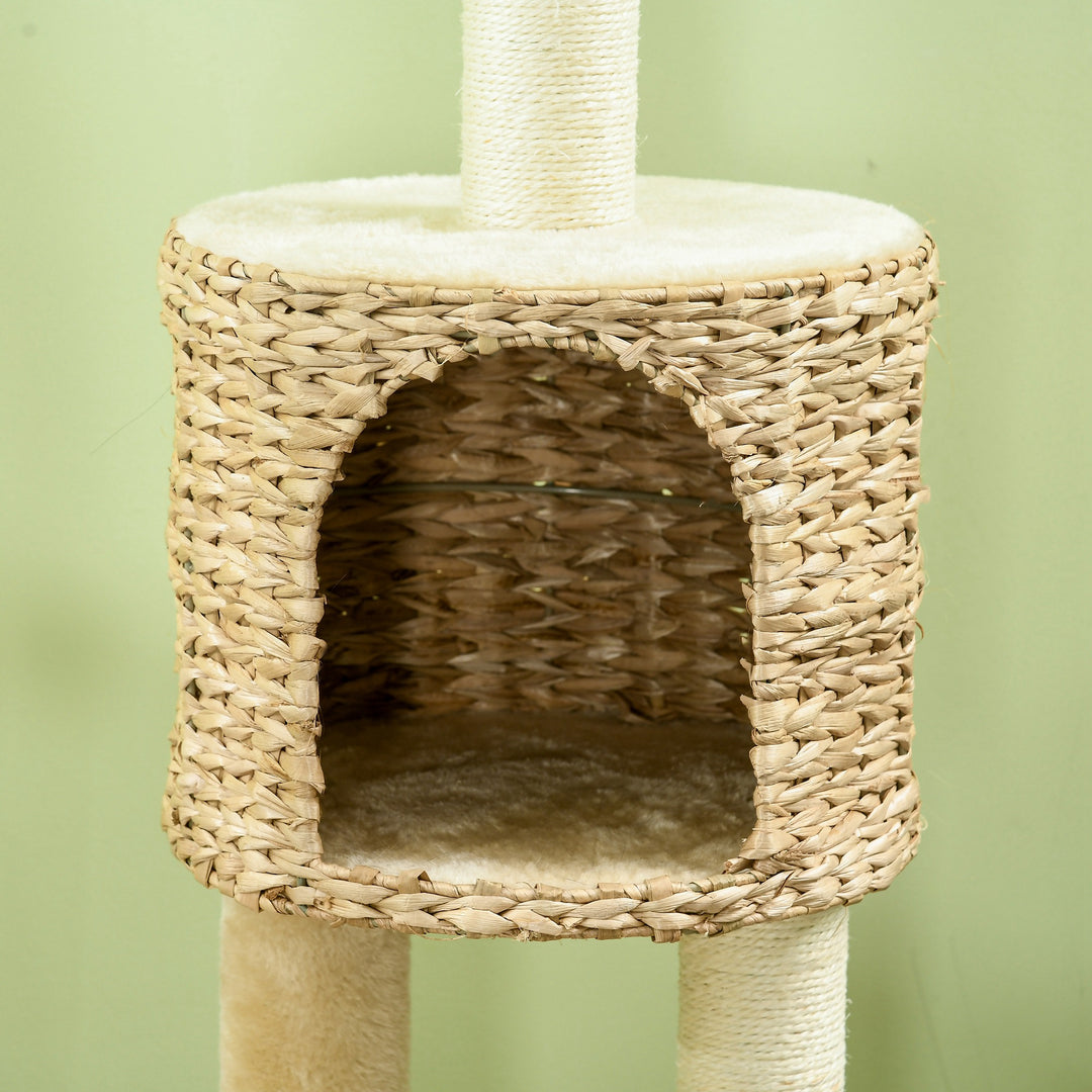 Kradsetræ med kattehule, liggeplatform, legebold, 45x40x116 cm, brun/beige