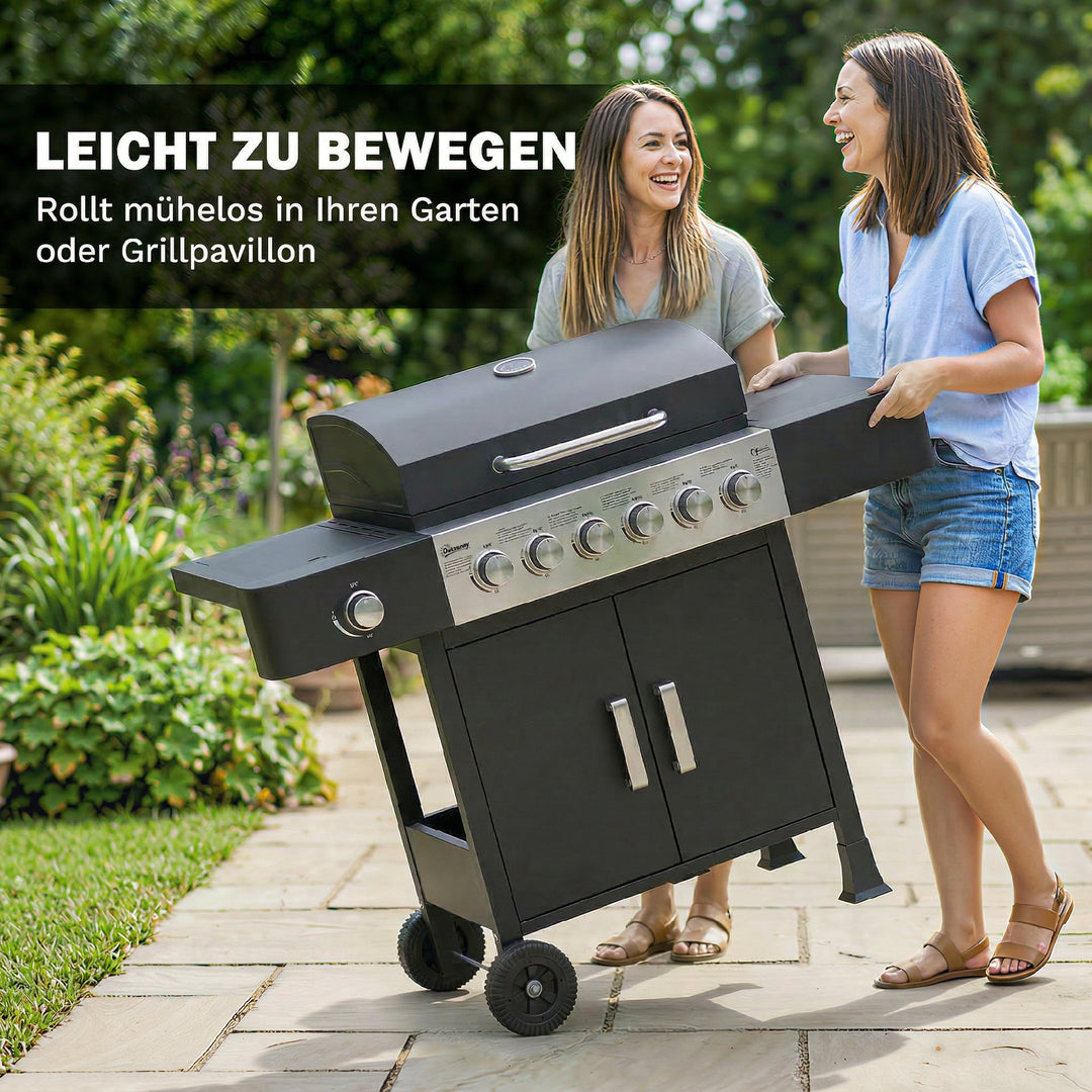 Gasgrill 17,8 kW 6+1 brænder BBQ grillvogn lavet af rustfrit stål inklusive hjul, sidebrænder, termometer, emaljeret grillrist