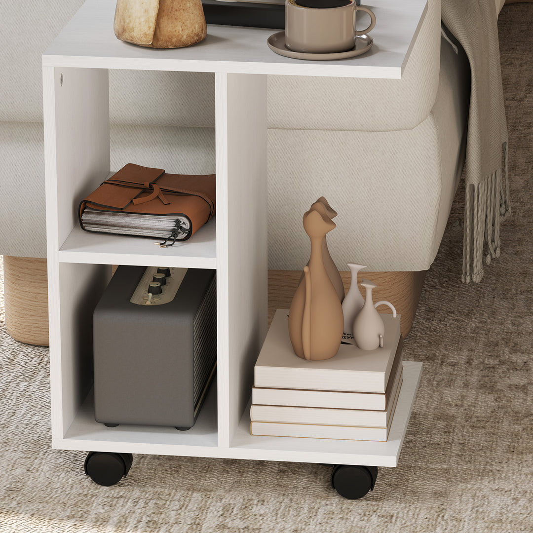 C-formet sidebord, sofabord, hjørneskrivebord, med hjul, e1 spånplade, 45 x 35 x 58 cm, hvid