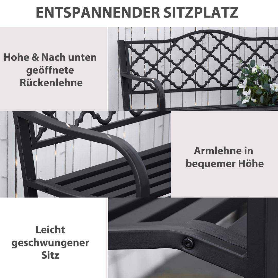 2-personers havebænk, parkbænk af metal, bænk op til 240 kg, terrassebænk med ryglæn og armlæn, havemøbler, støbejern, sort, 128 x 58,5 x 89 cm