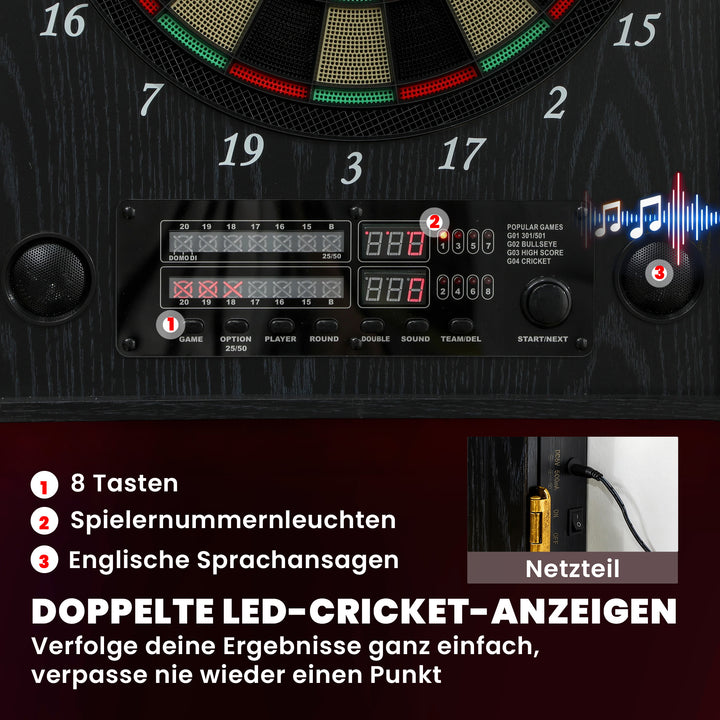 Elektronisk dartskive med døre, trælook, LED-display, stemmemeddelelser, 6 dartpile, 24 udskiftelige spidser