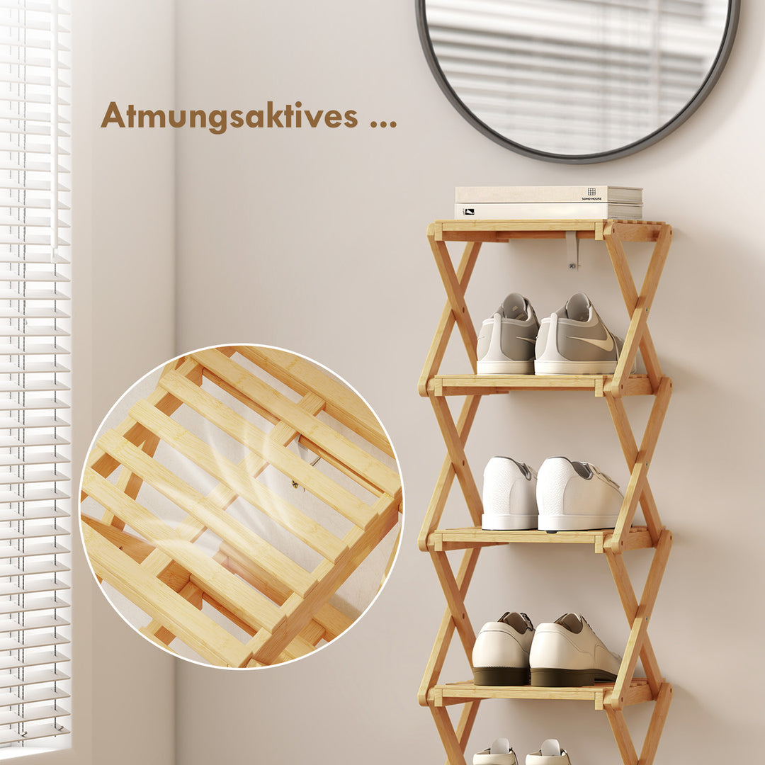 Sammenklappelig skohylde med 6 hylder lavet af bambus, til op til 9 par sko, 30 x 29 x 108 cm, natur