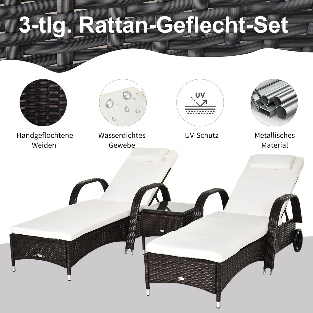 Sæt med 3 liggestole, 2 havestole med sidebord, inklusive hynder, polyrattan, brun og cremehvid