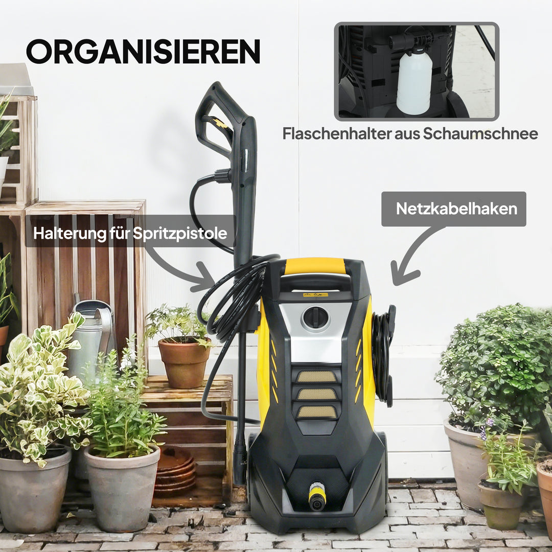 Højtryksrenser med aluminiumspumpe, 135 bar maksimalt tryk, 1800W effekt, 540 L/t flowhastighed, 5m slange, justerbar dyse og håndtag