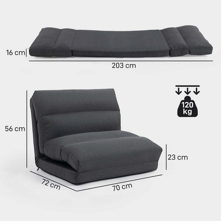 Sækkestol med sengefunktion, ryglæn med justerbar ryglæn, foldbar, op til 120 kg, 70 x 72 x 56 cm, mørkegrå