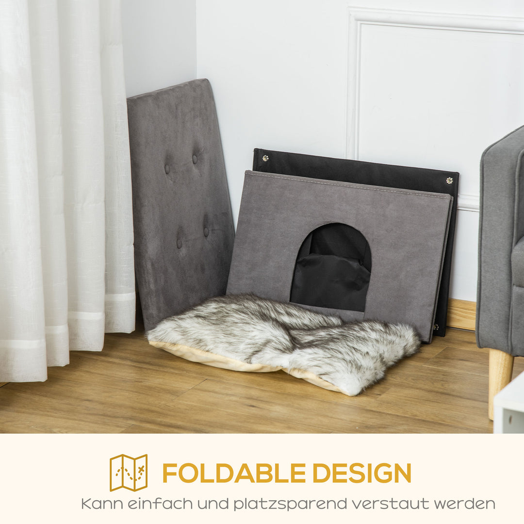 2-I-1 kattehule fodskammel med hynde træben kattehus kattekurv blød polstret fodskammel elegant design aftagelig mdf plys grå 60 x 45 x 44,5 cm