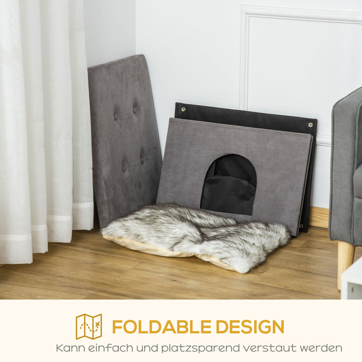 2-I-1 kattehule fodskammel med hynde træben kattehus kattekurv blød polstret fodskammel elegant design aftagelig mdf plys grå 60 x 45 x 44,5 cm