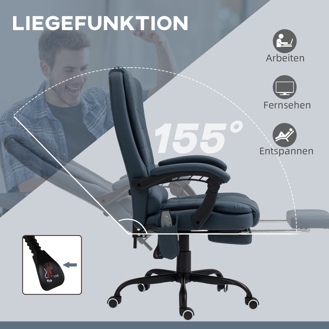 Massagekontorstol, 7 vibrationspunkter, justerbar fodstøtte og ryglæn, op til 120 kg, læderlook, blå