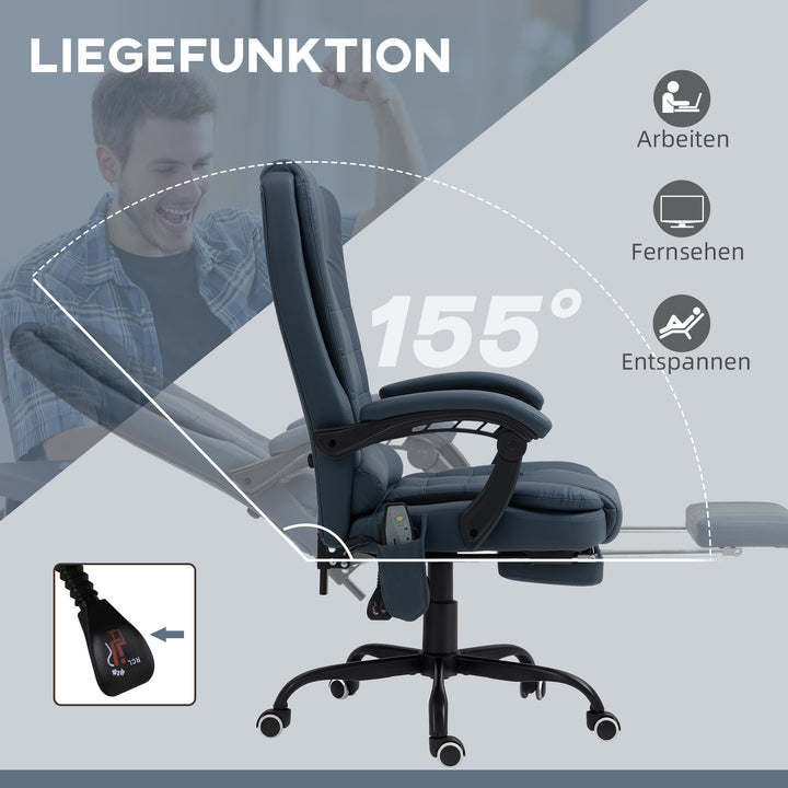 Massagekontorstol, 7 vibrationspunkter, justerbar fodstøtte og ryglæn, op til 120 kg, læderlook, blå