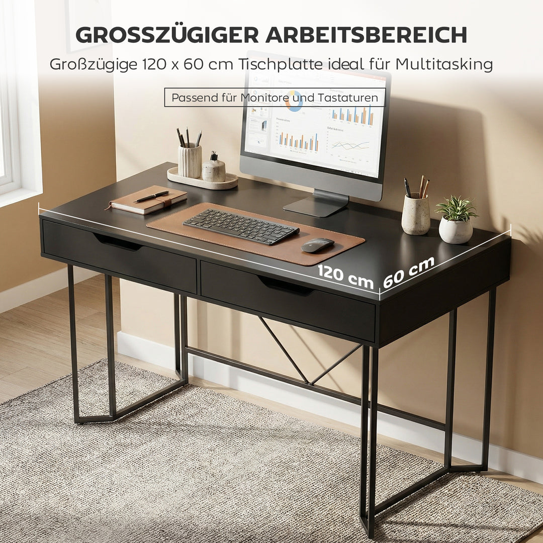 Lille computerbord med 2 skuffer, skrivebord med stor arbejdsflade 120 x 60 x 77 cm Sort
