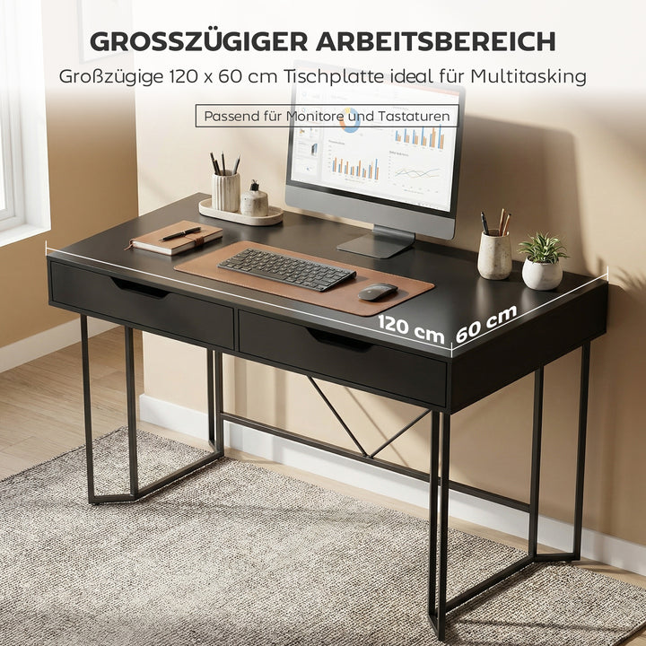 Lille computerbord med 2 skuffer, skrivebord med stor arbejdsflade 120 x 60 x 77 cm Sort