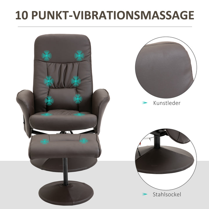 Lænestol med fodskammel, drejelig tv-stol med 10 massagepunkter, lænefunktion, massagestol med fjernbetjening, sidelomme, tv-stol, kunstlæder, brun
