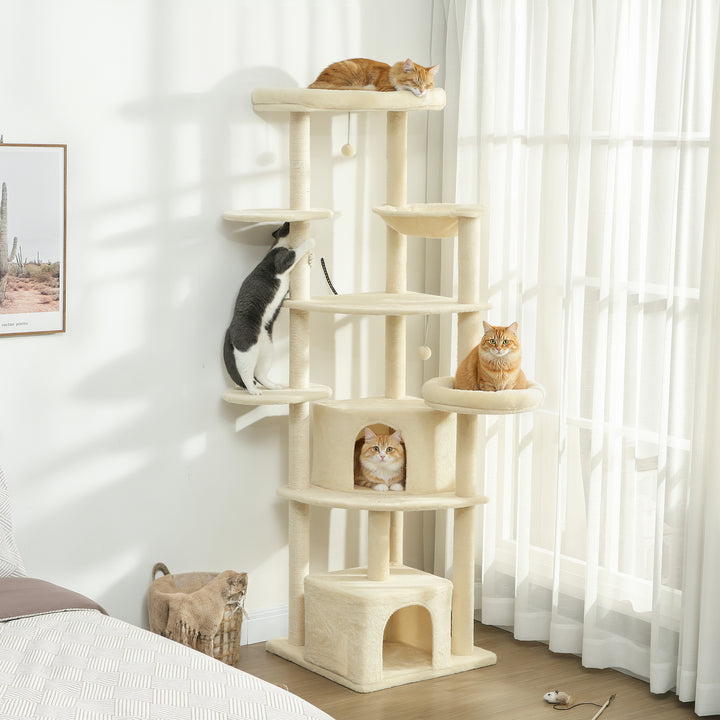2 meter højt kradsetræ, stort til 2-3 katte, kradsetræer, huler, hængekøje, skjulesteder, design i flere niveauer, sisal, træ, plys, beige