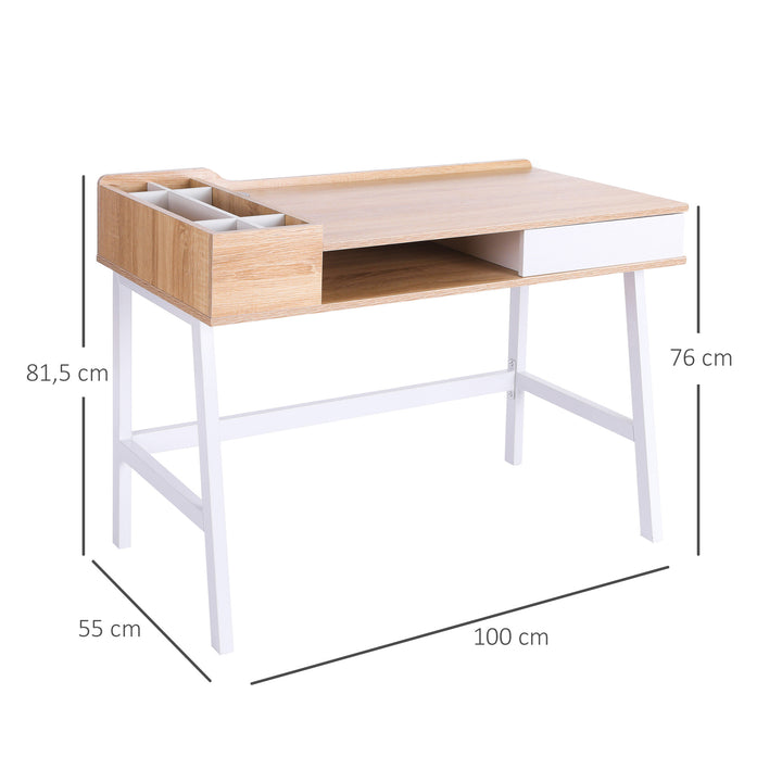 Skrivebord computerbord kontorbord arbejdsbord pc-bord alsidig med seks opbevaringsrum skuffe bred bordplade til studiekontor og kollegieværelse naturlig 100 x 55 x 81,5 cm