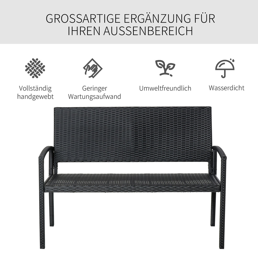 Havebænk, rattan-look, med stålstel, til 2 personer, sort, 122 x 60 x 85 cm
