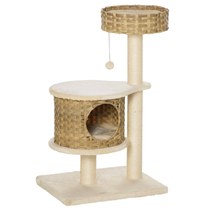 Kradsetræ rattan 95 cm højde 3-lags kradsetræ med platform, katteseng, klatretræ med kattehule sisalstolper legebolde kattemøbler sisal naturlig+beige