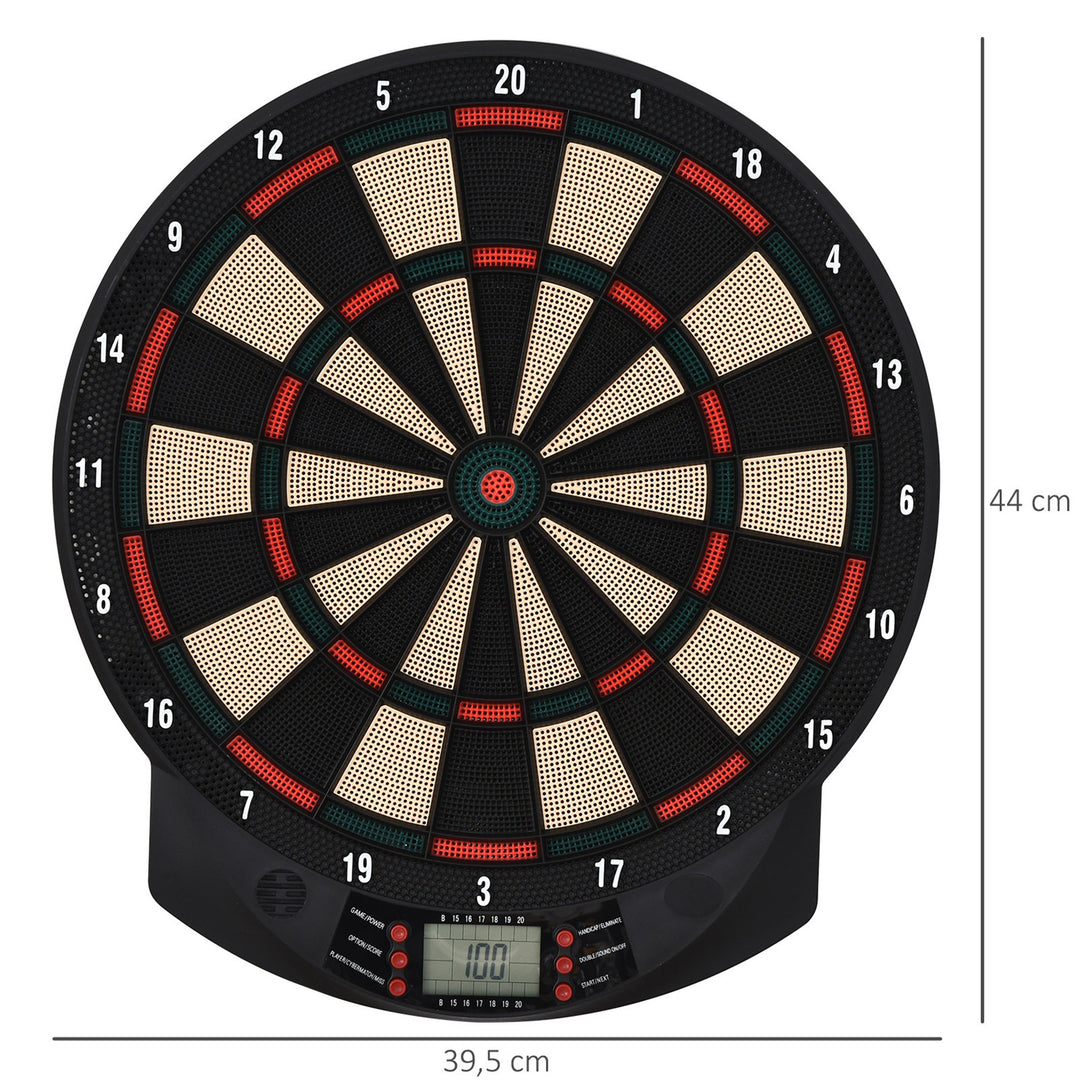 Elektronisk dartskive med automatisk scoring, dartsæt med 6 pile, 30 pilhoveder, 26 spil og 185 scoringsmuligheder til 8 spillere, lydeffekter, sort, 44 x 39,5 x 2,2 cm