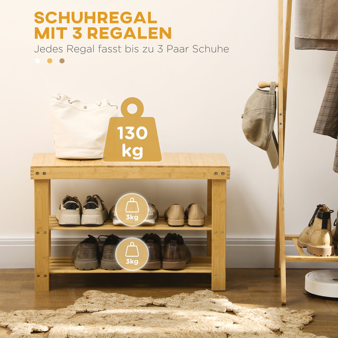 Skobænk, 3 niveauer, plads til 6-9 par sko, op til 130 kg, bambus, 70 x 28 x 45 cm