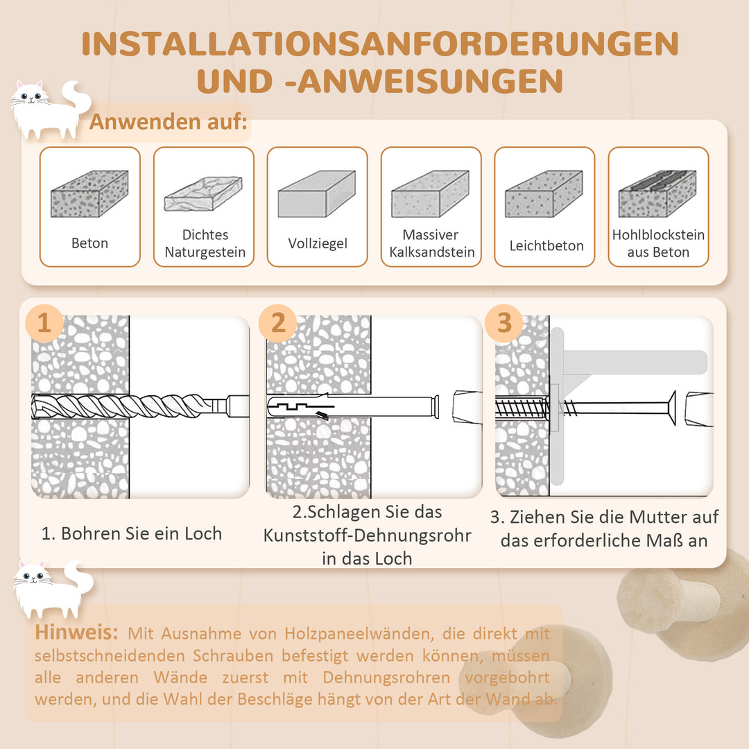 Klatrevægssæt til katte med kradsetræer, hoppeplatforme og legebolde, til klatring og hvile, beige